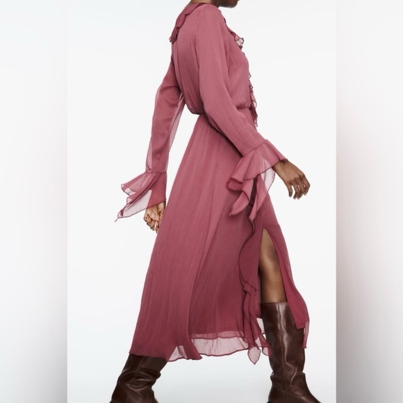 ZARA BLOGGERS FAVORITE RUFFLED GEORGETTE MIDI DRESS - Picture 8 of 16